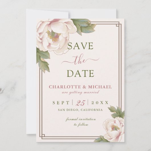 Elegante Peony Blush Pink Wedding Save the Date (Vorderseite)