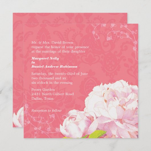 Elegante Peony Coral Pink Wedding Einladung (Vorne/Hinten)