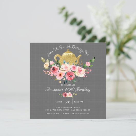 Elegante Peony Floral Birthday Tea Einladung (Stehend Vorderseite)