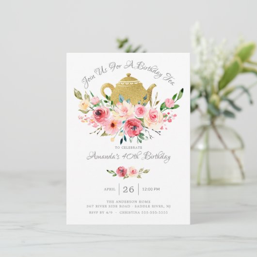 Elegante Peony Floral Birthday Tea Einladung (Stehend Vorderseite)