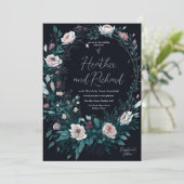 Elegante Peony Floral Foliage Wreath Wedding Einladung (Stehend Vorderseite)