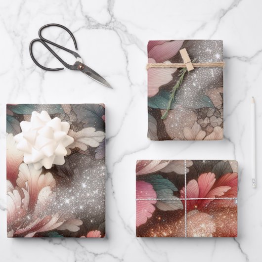 Elegante Peony Floral Glitzer Geschenkpapier Set (Vorderseite)