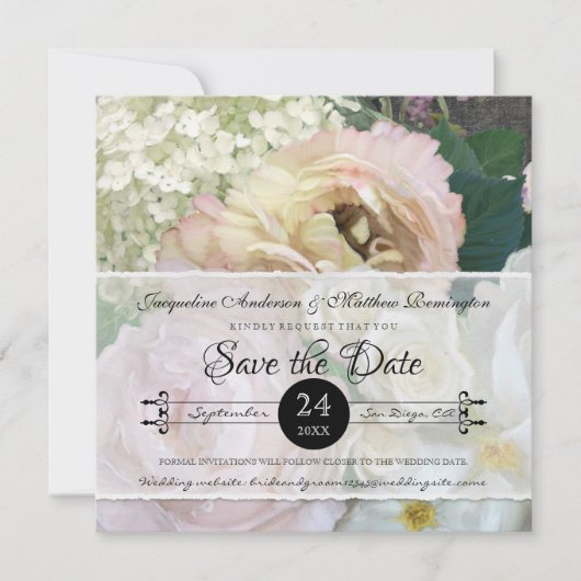 Elegante Peony Hydrangea Blush Pink Rose Blumenges Save The Date (Vorderseite)