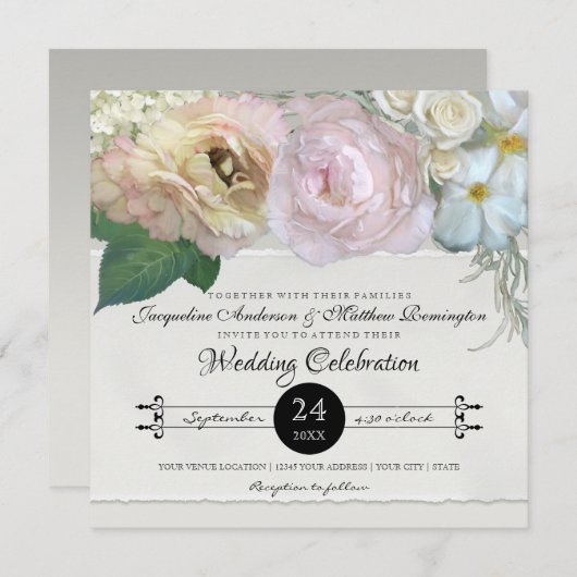 Elegante Peony Hydrangea Rose Blume Hochzeit Einladung (Vorne/Hinten)