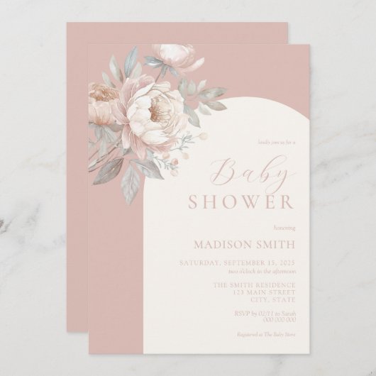 Elegante Peony Rose Dusty Pink Baby Shower Einladung (Vorne/Hinten)