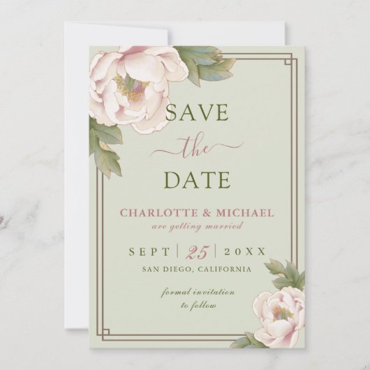 Elegante Peony Sage und Blush Wedding speichern da (Vorderseite)