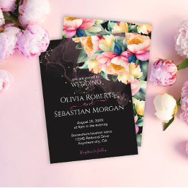 Elegante Peony Watercolor auf Schwarz | Hochzeit Einladung