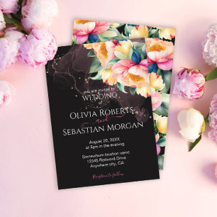 Elegante Peony Watercolor auf Schwarz Hochzeit Einladung