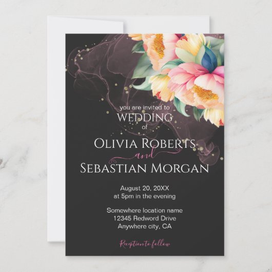 Elegante Peony Watercolor auf Schwarz | Hochzeit Einladung (Vorderseite)