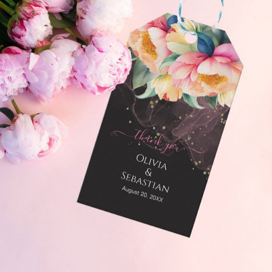 Elegante Peony Watercolor auf Schwarz | Hochzeit Geschenkanhänger