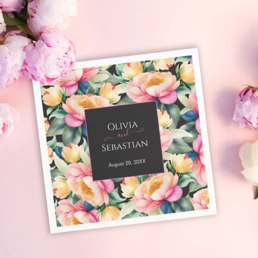 Elegante Peony Watercolor auf Schwarz | Hochzeit Serviette