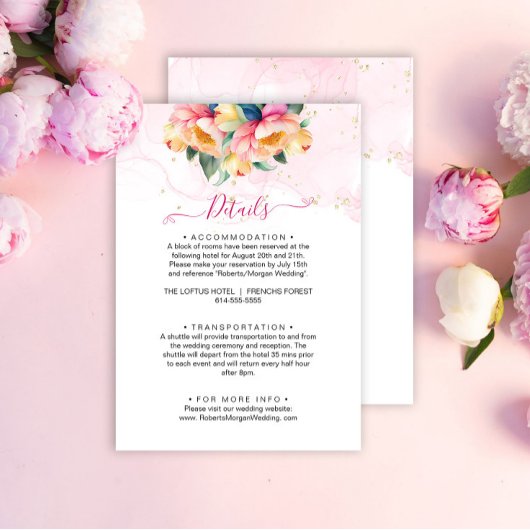 Elegante Peony Watercolor Hochzeitdetails Begleitkarte