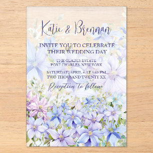 Elegante Periwinkle Clematis Hochzeit Acryleinladungen