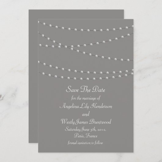 Elegante Perlen auf Grau Save the Date (Vorne/Hinten)