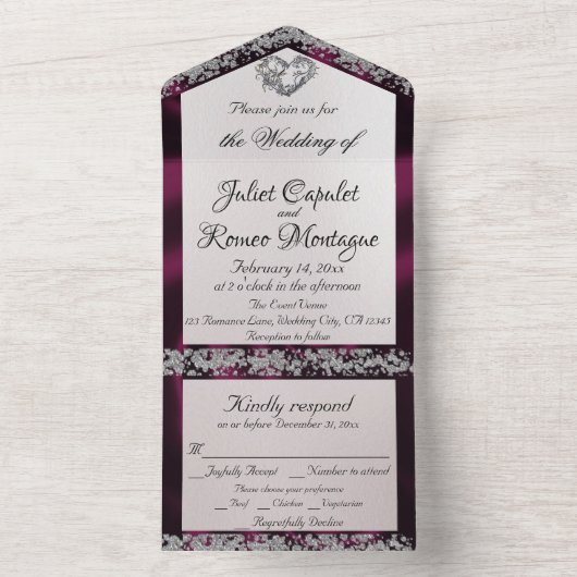 Elegante Perlen, Lila Schleifen und Glitzer Grenze All In One Einladung (Innen Boden)