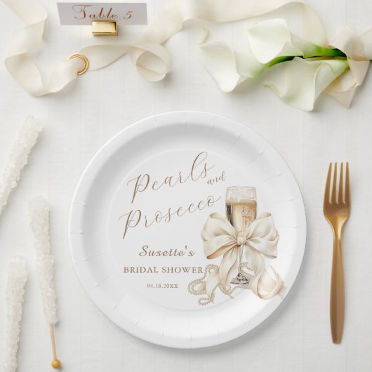 Elegante Perlen & Prosecco-Brautjunggesellinnenabs Pappteller (Hochzeit)
