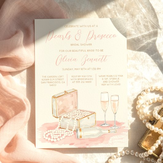 Elegante Perlen & Prosecco Brautparty Einladung