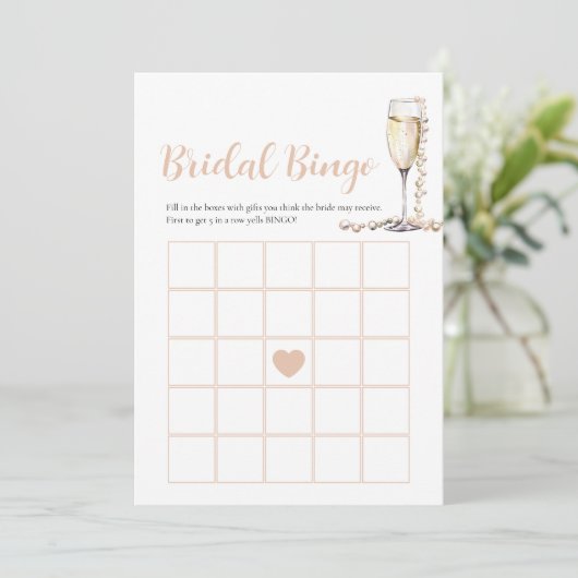 Elegante Perlen & Prosecco Bridal Bingo Game Card Einladung (Stehend Vorderseite)