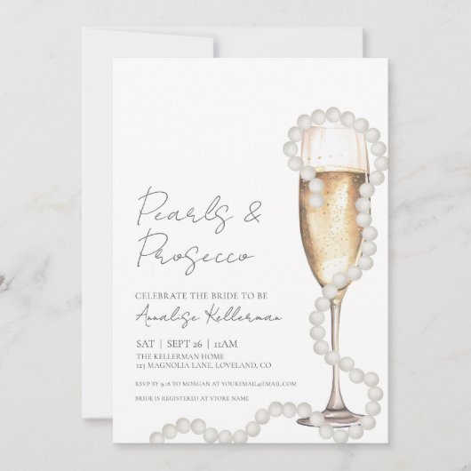 Elegante Perlen & Prosecco Champagner Brautparty Einladung (Vorderseite)