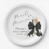 Elegante Perlen & Prosecco Schwarze Schleife Braut Pappteller (Vorderseite)