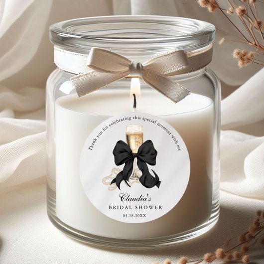 Elegante Perlen & Prosecco Schwarze Schleife Braut Runder Aufkleber