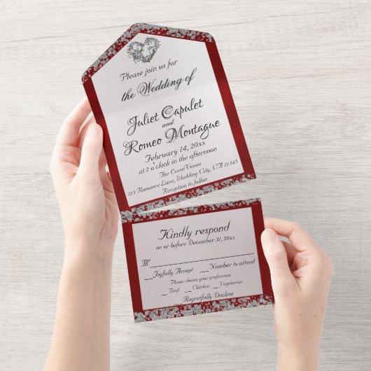 Elegante Perlen, rote Schleifen und Glitzer All In One Einladung (Abreißen)