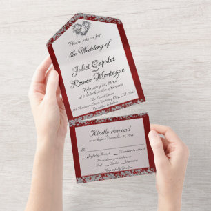 Elegante Perlen, rote Schleifen und Glitzer All In One Einladung