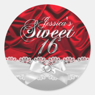 Elegante Perlen-Schleife und roter Seide Sweet Six Runder Aufkleber