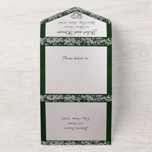 Elegante Perlen, Smaragdfarbene Schleifen und Glit All In One Einladung (Außenbereich)