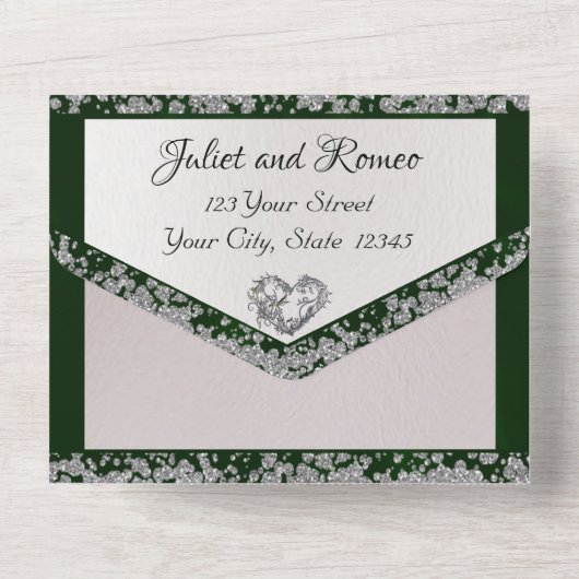 Elegante Perlen, Smaragdfarbene Schleifen und Glit All In One Einladung (Rückseite)