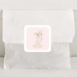 Elegante Perlen und Prosecco-Brautabschiedsaufkleb Quadratischer Aufkleber