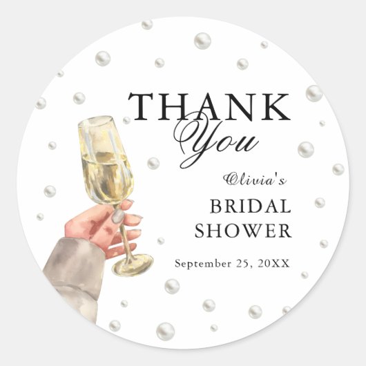Elegante Perlen und Prosecco Brautparty Brunch Runder Aufkleber (Vorderseite)