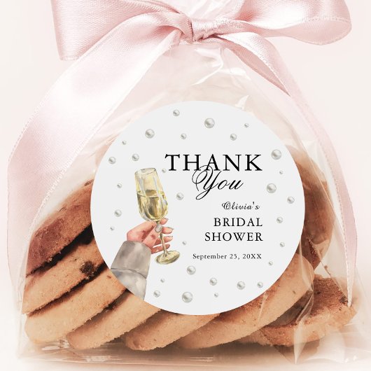 Elegante Perlen und Prosecco Brautparty Brunch Runder Aufkleber