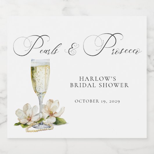 Elegante Perlen und Prosecco Brautparty Gefallen Schaumweinetikett (Einzelnes Label)