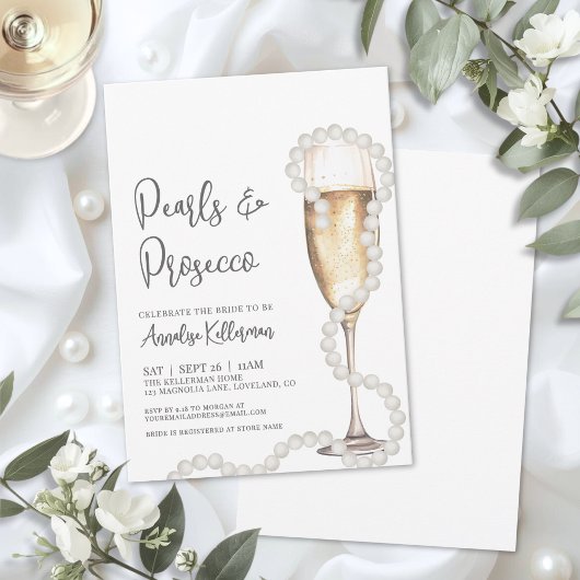 Elegante Perlen und Prosecco Champagner Brautparty Einladung