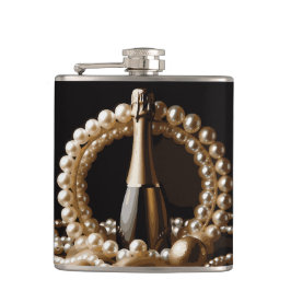 Elegante Perlen und Prosecco Gold und Schwarz Flachmann