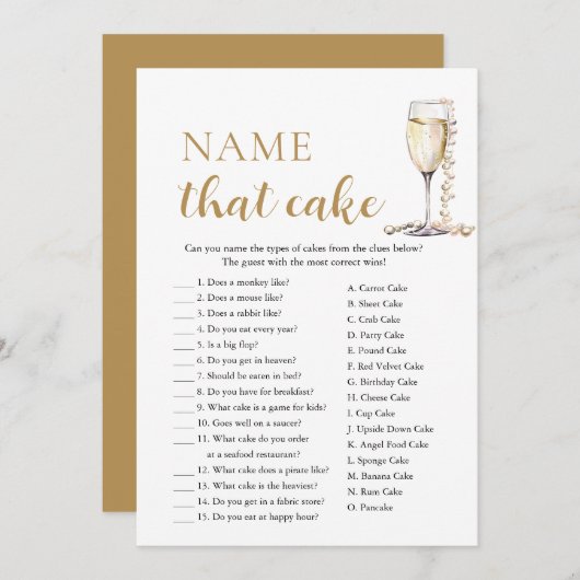 Elegante Perlen und Prosecco Name, das Kuchenspiel Einladung (Vorne/Hinten)