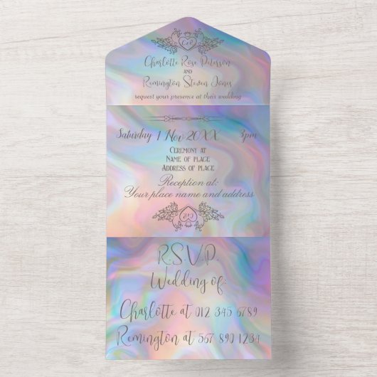 Elegante Perlmutt - farbenfrohe Hochzeit All In One Einladung (Innen)