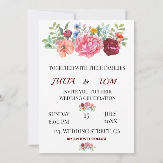 Elegante personalisierte Hochzeit in Burgund Einladung (Vorderseite)