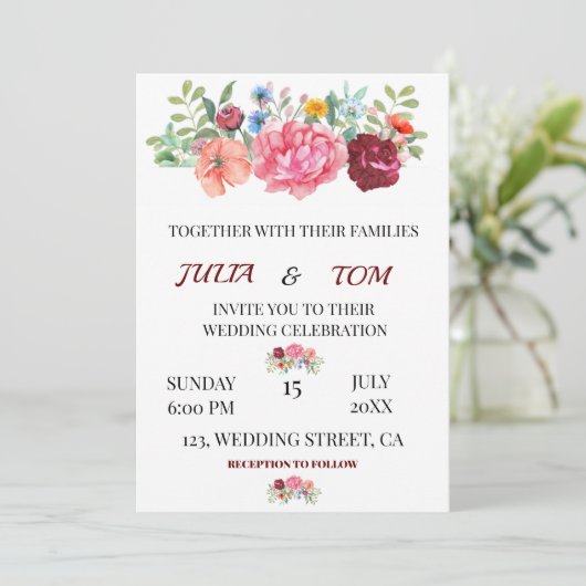 Elegante personalisierte Hochzeit in Burgund Einladung (Stehend Vorderseite)