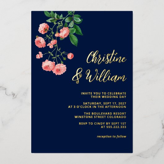 Elegante Personalisierte Hochzeit zwischen Marine  Folieneinladung (Vorderseite)