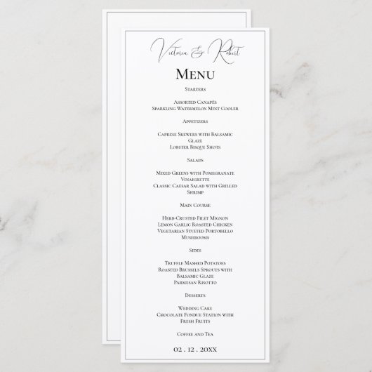 Elegante Personalisierte Schwarz-Weiß-Hochzeit Menükarte (Vorne/Hinten)