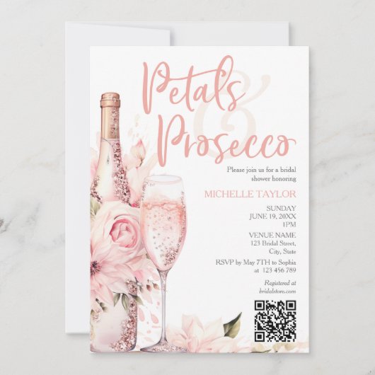 Elegante Petals & Prosecco Boho Blush Pink QR Code Einladung (Vorderseite)