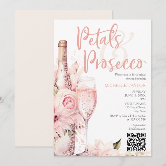 Elegante Petals & Prosecco Boho Blush Pink QR Code Einladung (Vorne/Hinten)