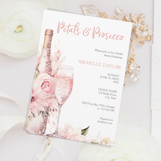 Elegante Petals & Prosecco Boho Blush Pink Sommer Einladung