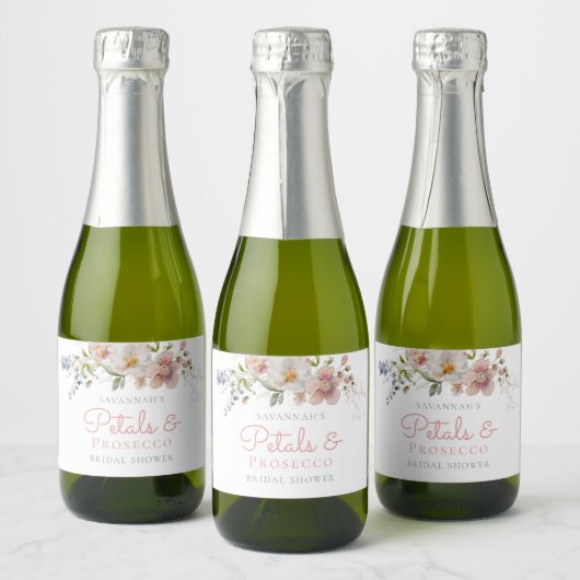 Elegante Petals und Prosecco Brautparty Mini Schaumweinetikett (Flaschen)