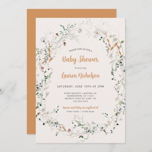 Elegante Petite Wildblume Babydusche Einladung (Vorne/Hinten)