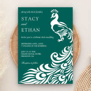Elegante Pfau-Hochzeit in Meergrün und Weiß Einladung