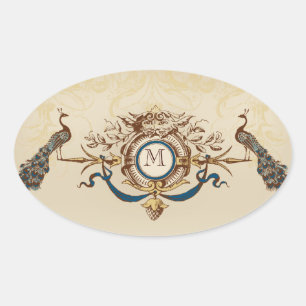 Elegante Pfauen-Hochzeitsaufkleber mit Monogramm Ovaler Aufkleber