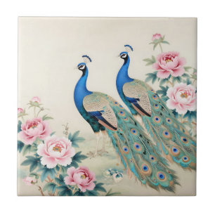 Elegante Pfauen Rosa Pfingstrosen Asiatisch Fliese